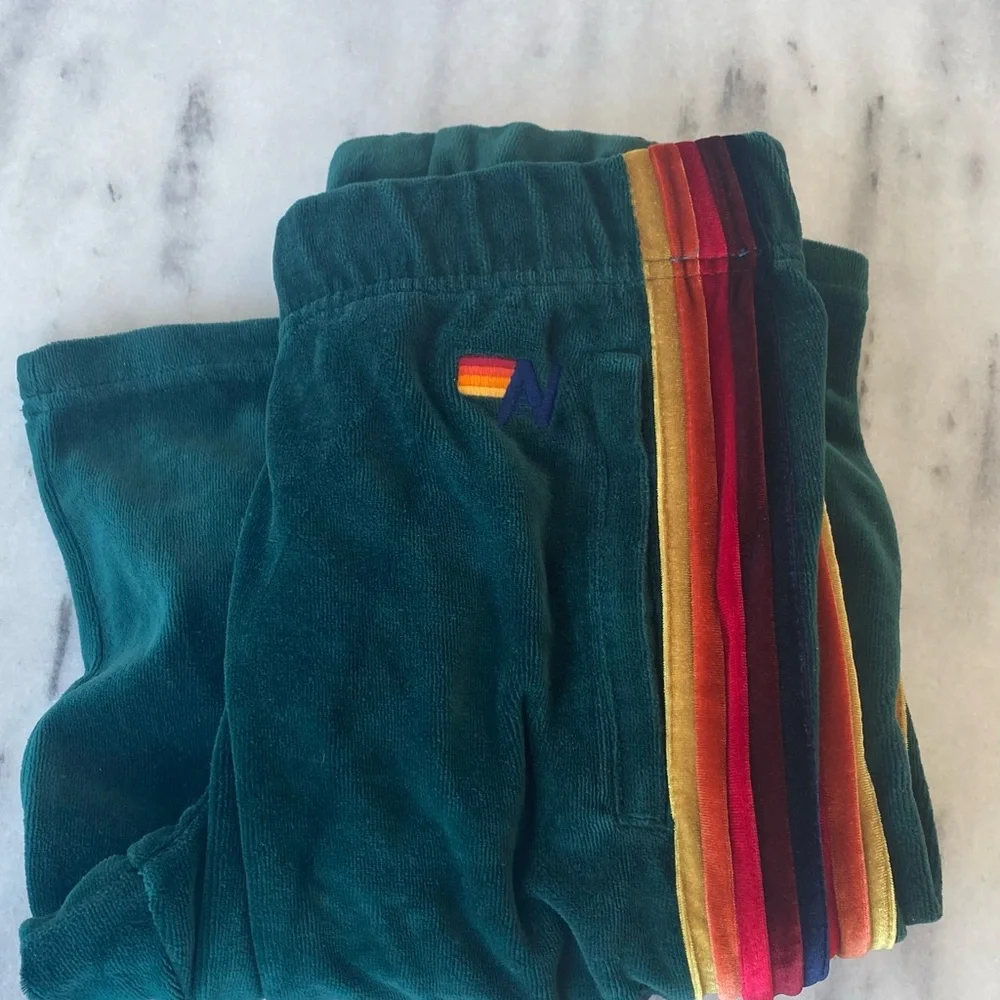 Aviator Nation Velvet Green Pants with Rainbow Stripes - Picture 1 of 5